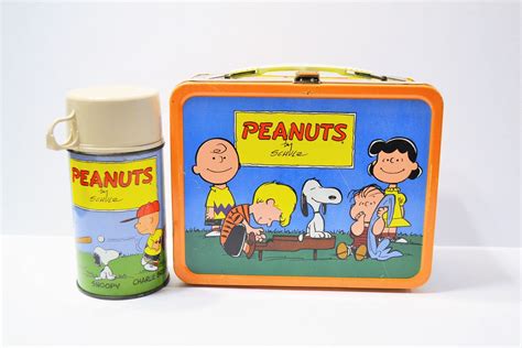 peanuts metal lunch box with thermos|snoopy peanut lunch box.